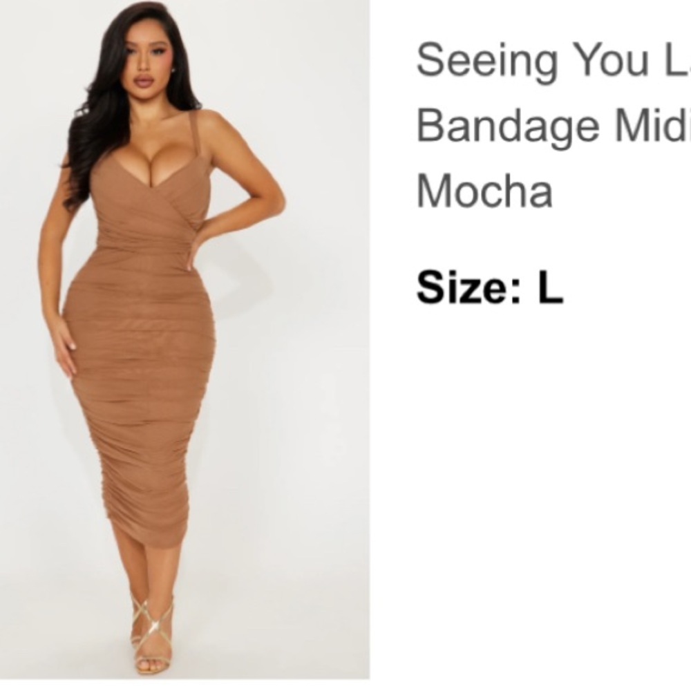 New Mocha Ruched Bandage Midi Dress